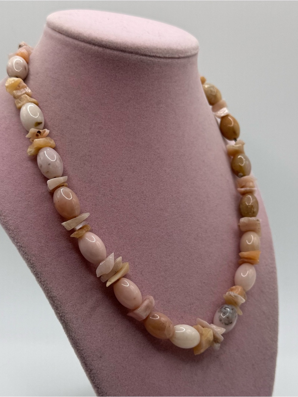 large Natural Pink and Peach Opal Stone Beaded Necklace with sterling clasp